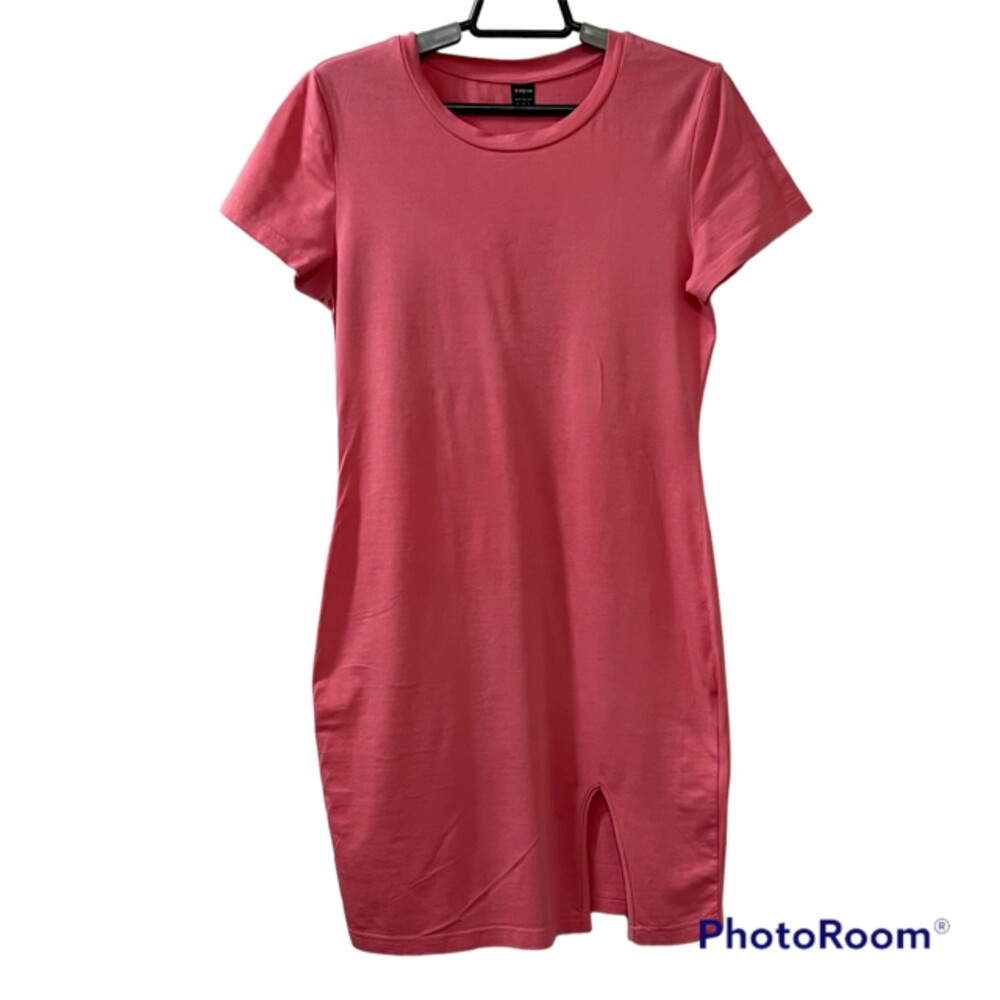 SHEIN EZwear Womens M Pink Cotton Stretch Front Slit T Shirt Mini Dress
